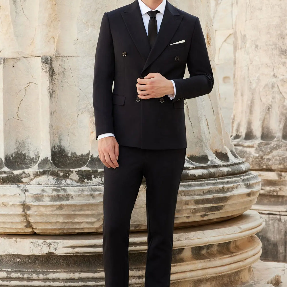 Blacksea Slim Fit Black Men's Double Breasted Modern Suit Novo Suit