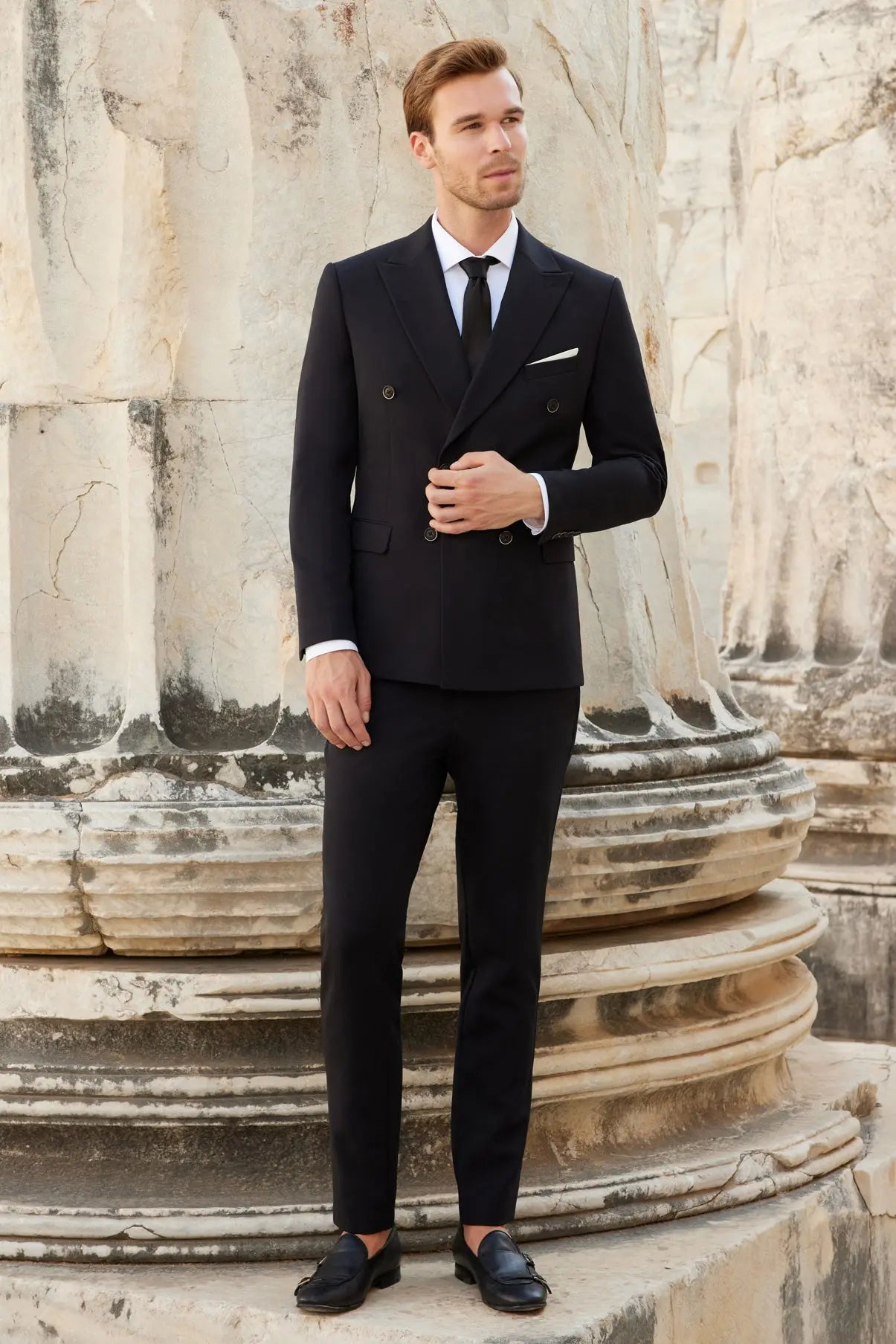 Blacksea Slim Fit Black Men's Double Breasted Modern Suit Novo Suit