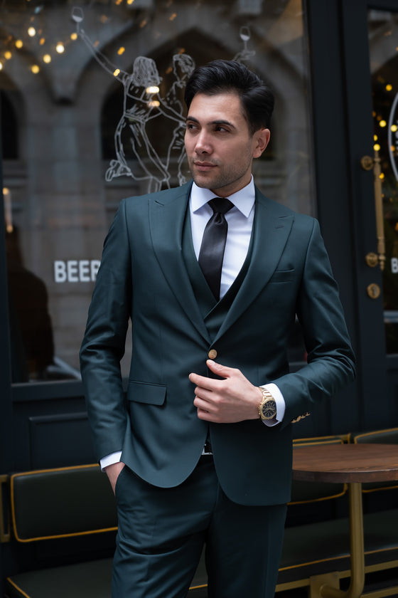 Central Park Slim Fit Green Men's Three Piece Suit Gold Buttons