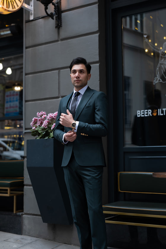 Central Park Slim Fit Green Men's Three Piece Suit Gold Buttons