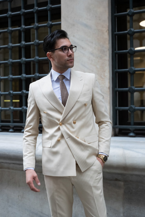 Champagne Slim Fit Cream Striped Double Breasted Men's Suit