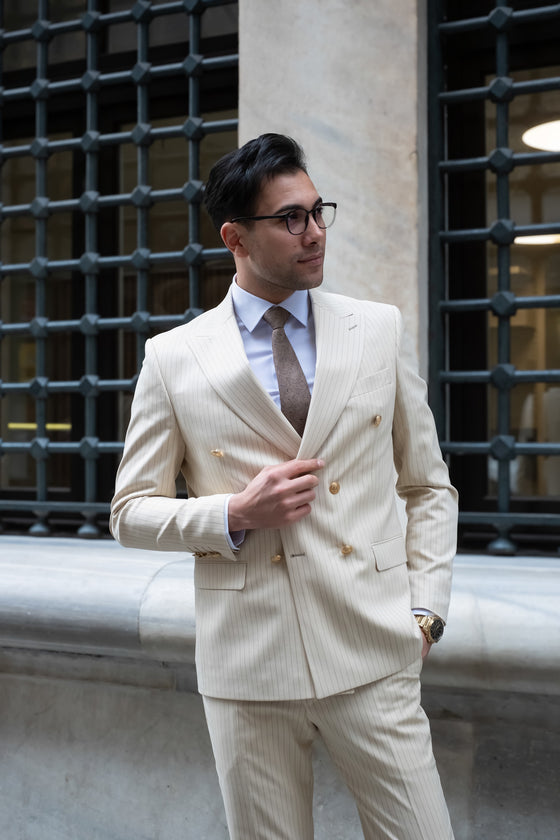 Champagne Slim Fit Cream Striped Double Breasted Men's Suit