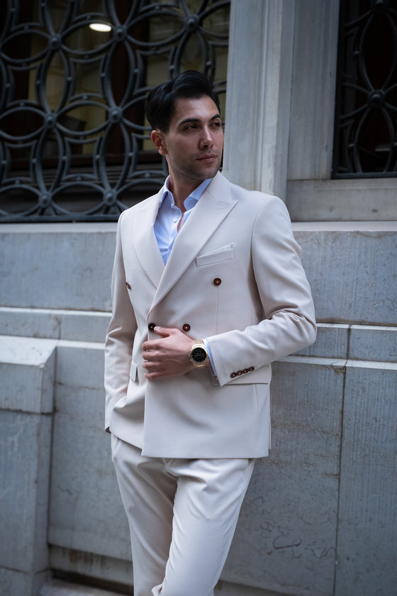 Ceremony Slim Fit Cream Double Breasted Men's Suit