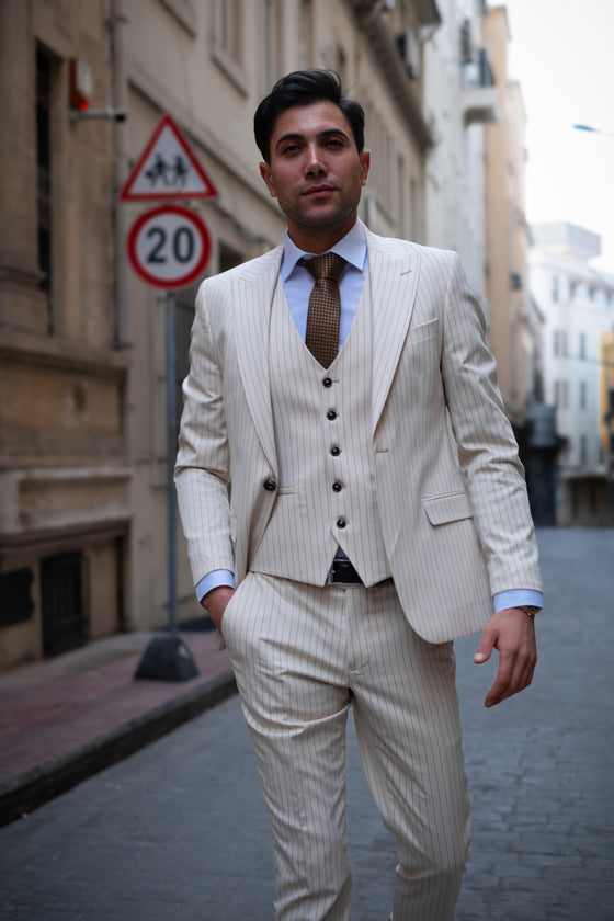 Creamy Castle Slim Fit Cream Men's Three Piece Modern Suit