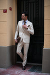 Golden Gate Slim Fit Cream Striped Men's Three Piece Suit