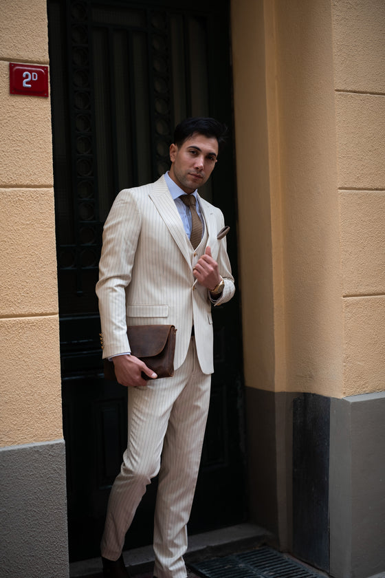 Golden Gate Slim Fit Cream Striped Men's Three Piece Suit