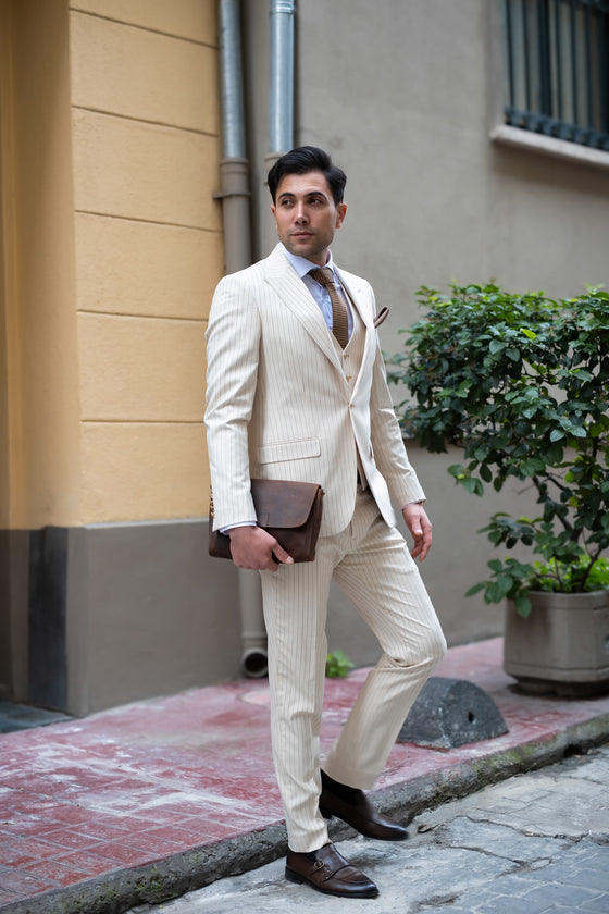 Golden Gate Slim Fit Cream Striped Men's Three Piece Suit