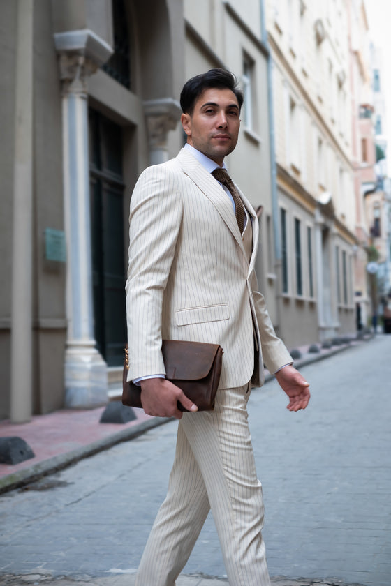 Golden Gate Slim Fit Cream Striped Men's Three Piece Suit