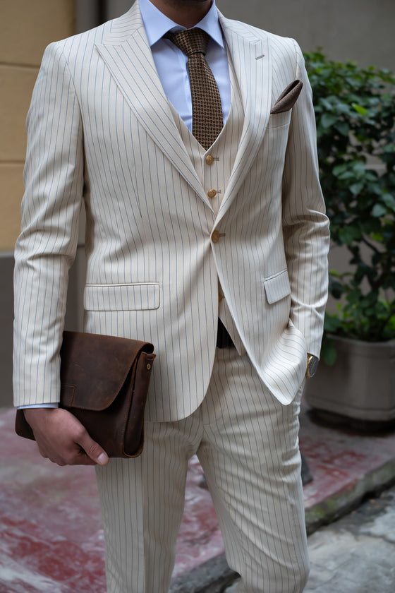 Golden Gate Slim Fit Cream Striped Men's Three Piece Suit