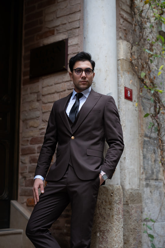 Grand Canyon Slim Fit Brown Gold Buttons Three Piece Suit