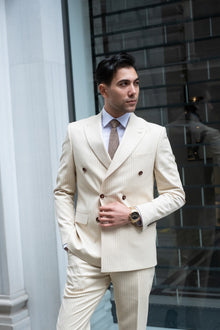  Ivory Elegance Slim Fit Cream Striped Double Breasted Suit