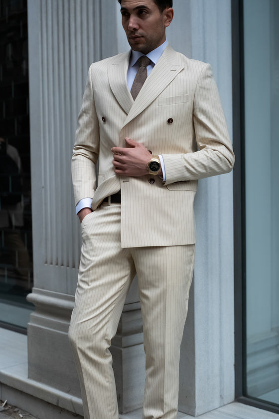 Ivory Elegance Slim Fit Cream Striped Double Breasted Suit