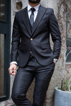 Jet Black Slim Fit Men's Three Piece Gold Buttons Suit