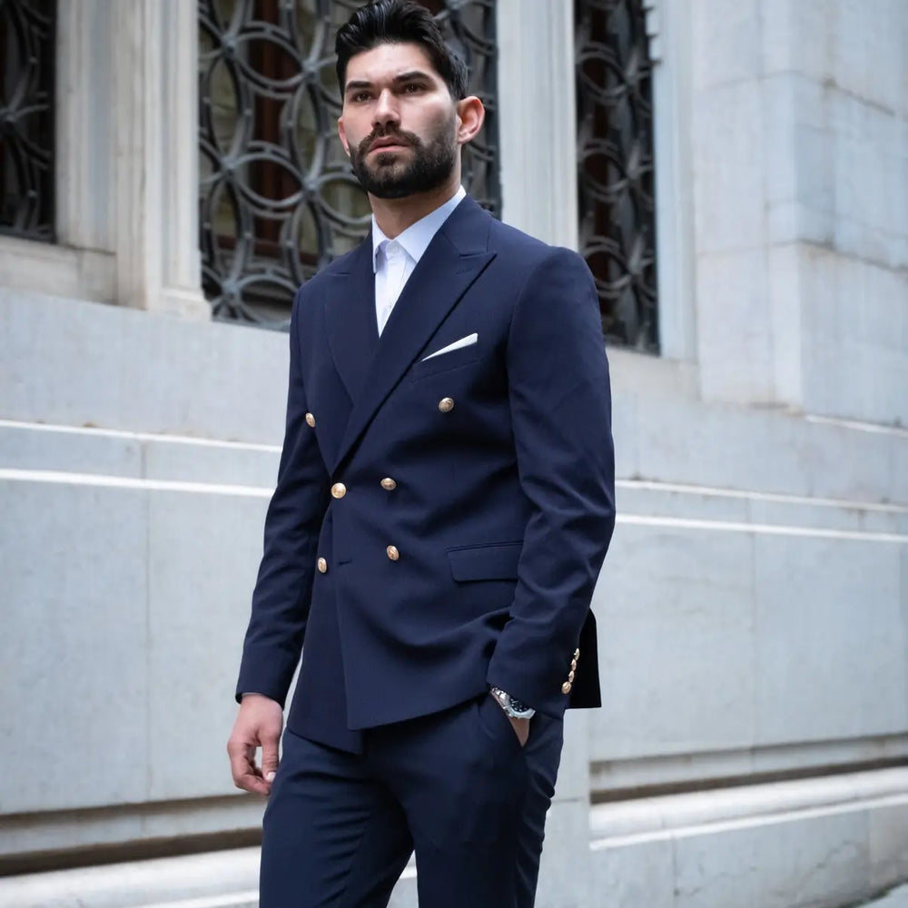 Napoli Slim Fit Navy Blue Double Breasted Suit Gold Buttons - 