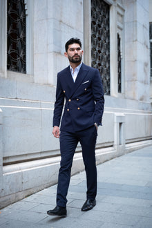  Napoli Slim Fit Navy Blue Double Breasted Suit Gold Buttons