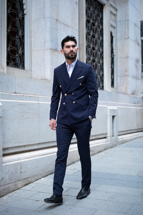 Napoli Slim Fit Navy Blue Double Breasted Suit Gold Buttons