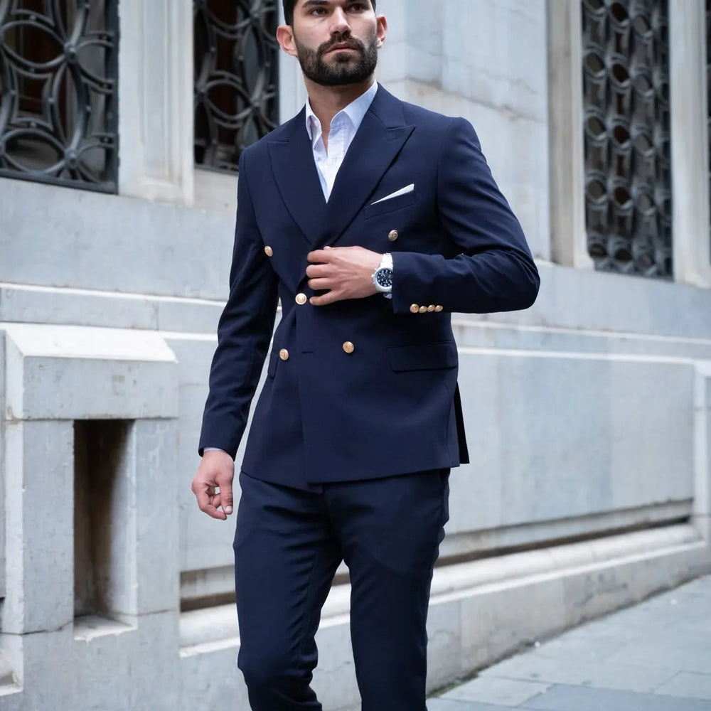 Napoli Slim Fit Navy Blue Double Breasted Suit Gold Buttons - 