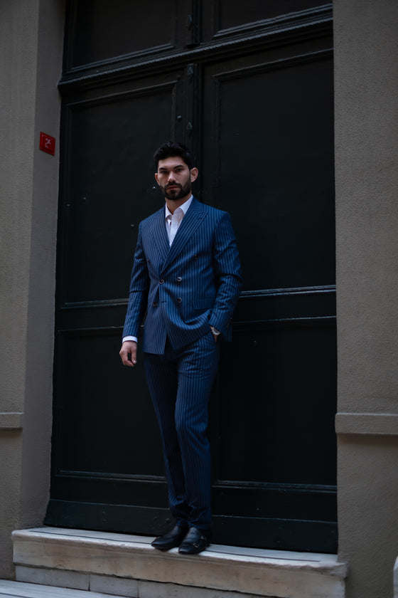 Orient Express Slim Fit Navy Blue Striped Double Breasted Suit