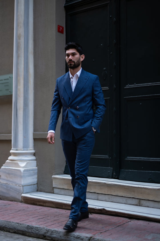 Orient Express Slim Fit Navy Blue Striped Double Breasted Suit