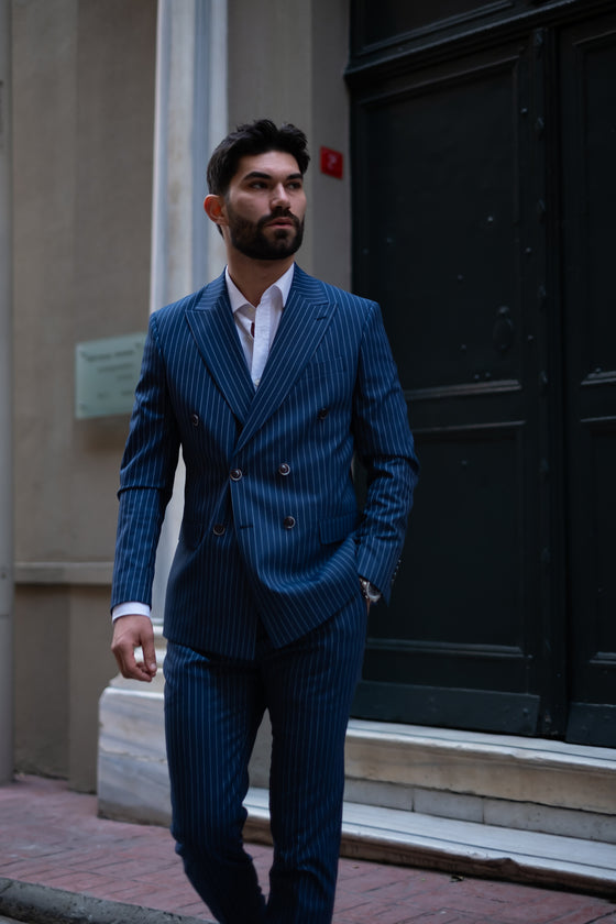 Orient Express Slim Fit Navy Blue Striped Double Breasted Suit