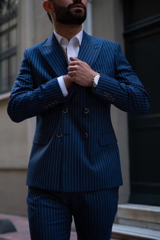 Orient Express Slim Fit Navy Blue Striped Double Breasted Suit