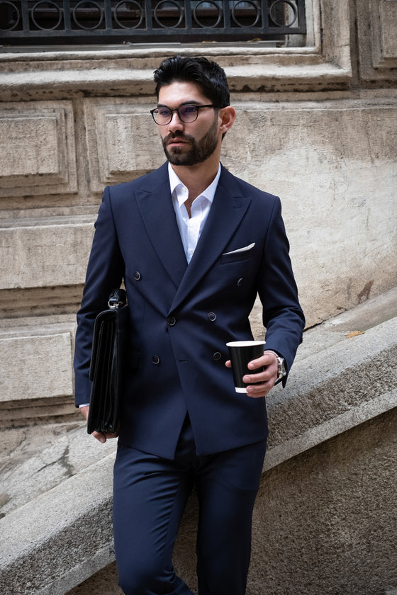 Venice Slim Fit Men's Double Breasted Navy Blue Suit With Wide Lapel