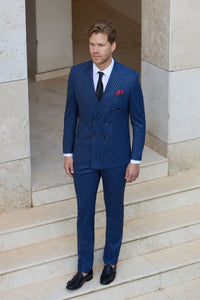 Orient Express Slim Fit Navy Blue Striped Double Breasted Suit