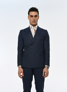  Orient Express Slim Fit Navy Blue Striped Double Breasted Suit