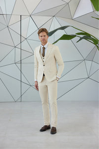 Creamy Castle Slim Fit Cream Men's Three Piece Modern Suit