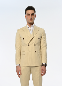  Ivory Elegance Slim Fit Cream Striped Double Breasted Suit
