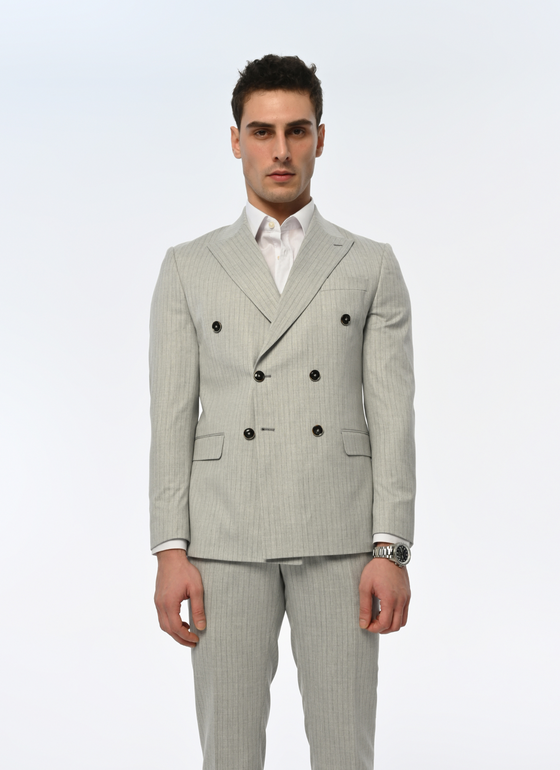 London Gray Slim Fit Gray Striped Double Breasted Men's Suit