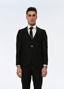  Jet Black Slim Fit Men's Three Piece Gold Buttons Suit