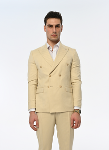  Champagne Slim Fit Cream Striped Double Breasted Men's Suit