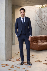Orion Slim Fit Navy Blue Striped Men's Three Piece Suit