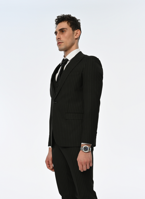 Times Square Slim Fit Black Striped Men's Three Piece Suit