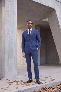 Orient Express Slim Fit Navy Blue Striped Double Breasted Suit