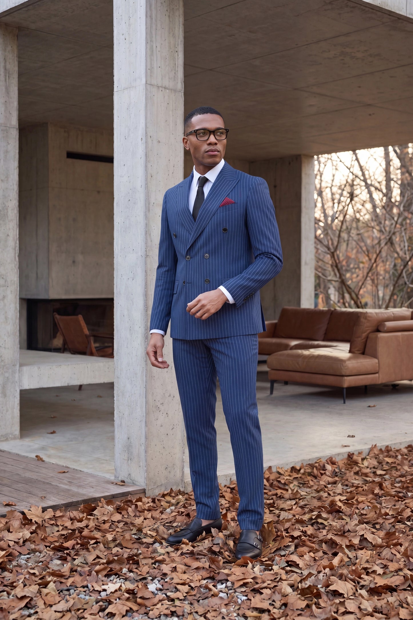 Orient Express Slim Fit Navy Blue Striped Double Breasted Suit