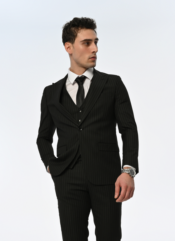 Times Square Slim Fit Black Striped Men's Three Piece Suit