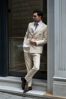  Ivory Elegance Slim Fit Cream Striped Double Breasted Suit