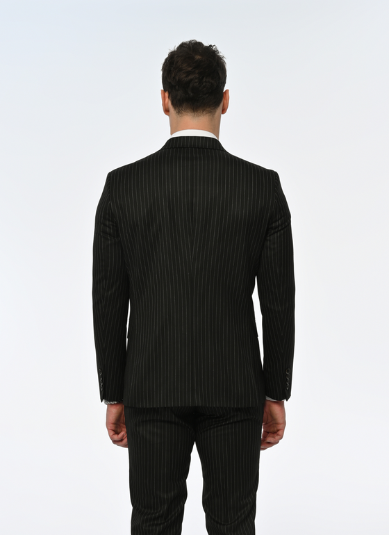 Noir Elegance Slim Fit Black Double Breasted Striped Suit