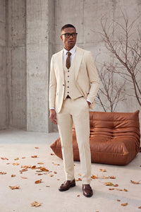 Creamy Castle Slim Fit Cream Striped Men's Three Piece Modern Suit
